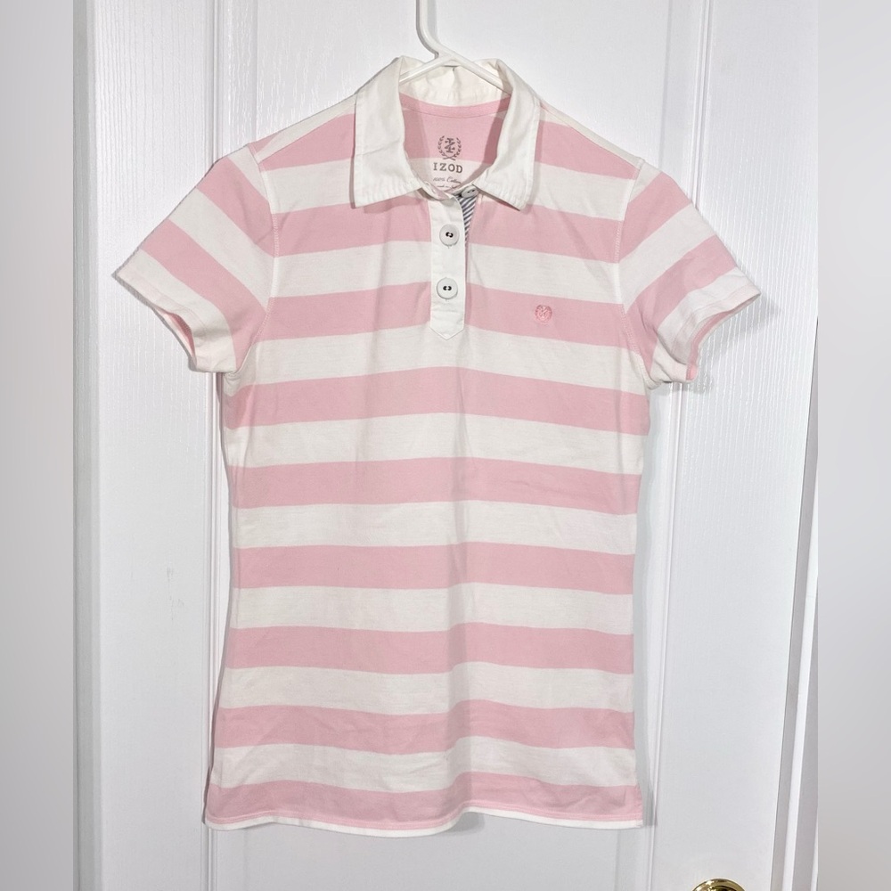 Y2K Izod Striped Polo Shirt w/ Woven Collar & Placket Pink & White Medium